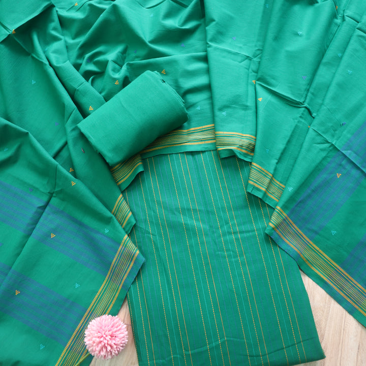 Madhubala Bright Green All Over Running Stitch Handloom Cotton Suit Set