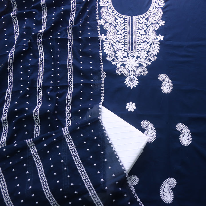 Suroor Navy Blue Chikankari Inspired Neck Thread Work Cotton Suit Set