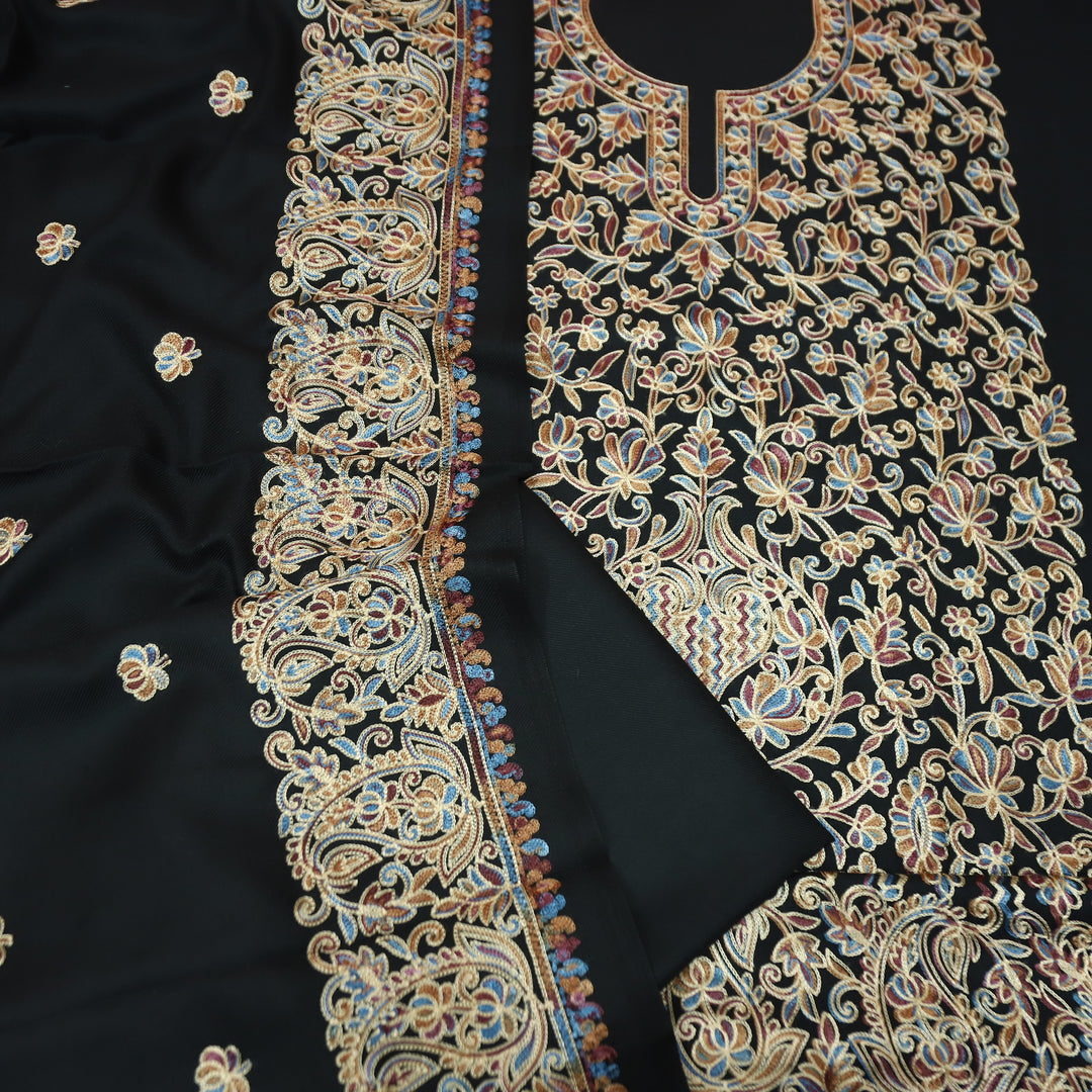 रूपवती Night Black Elegant Woven Kashida Embroidery Semi Pashmina Winter Set