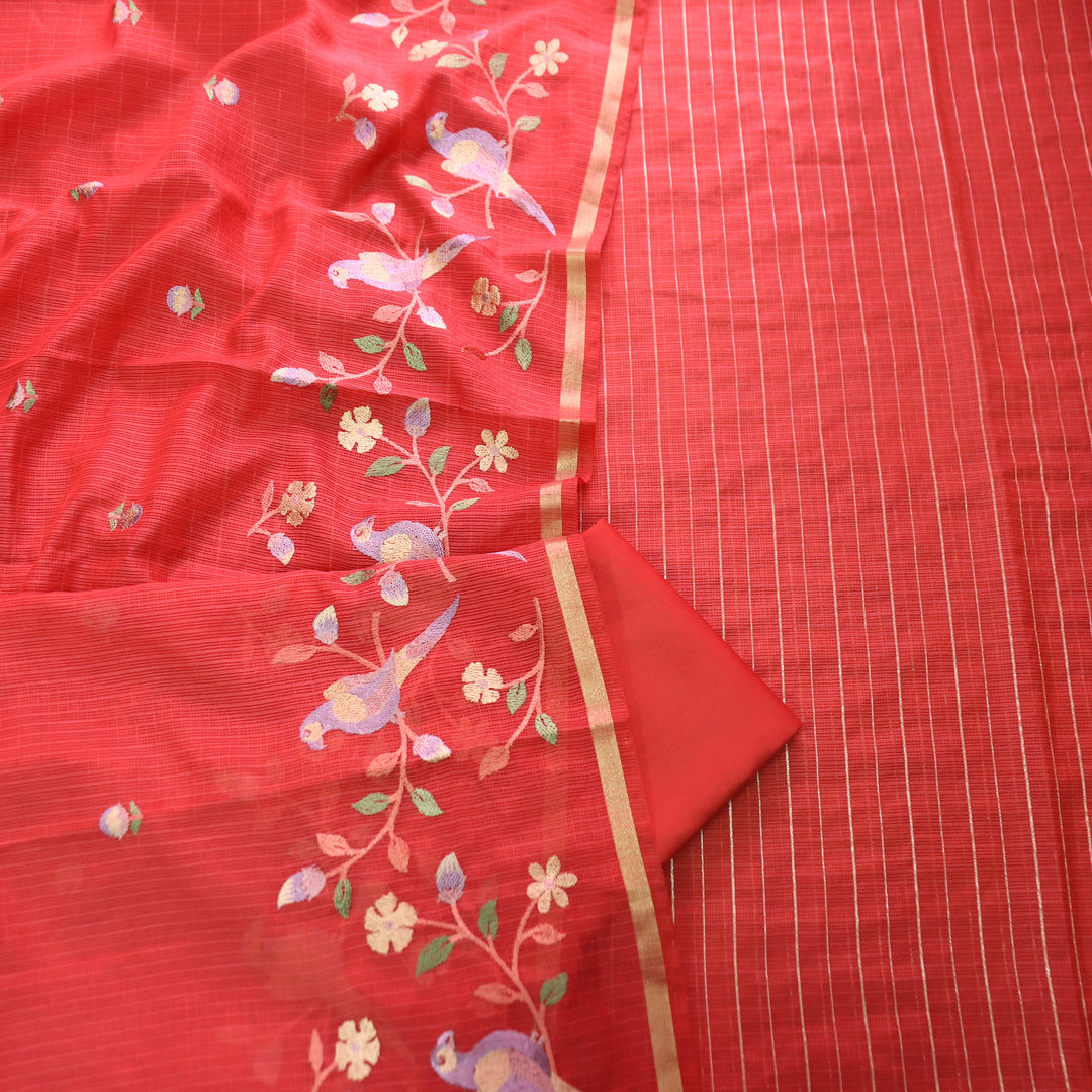 Radhika Fire Red Zari with Embroidered Hem Kota Doriya Set