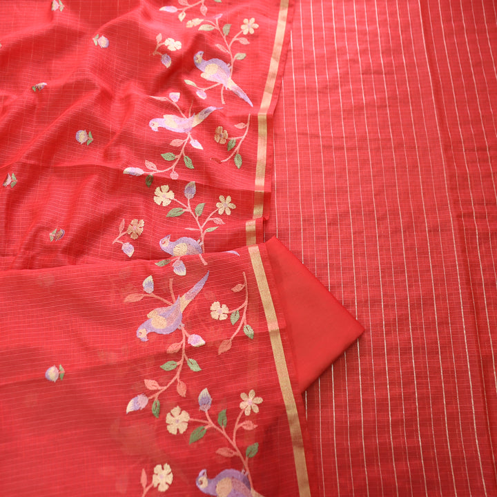 Radhika Fire Red Zari with Embroidered Hem Kota Doriya Set