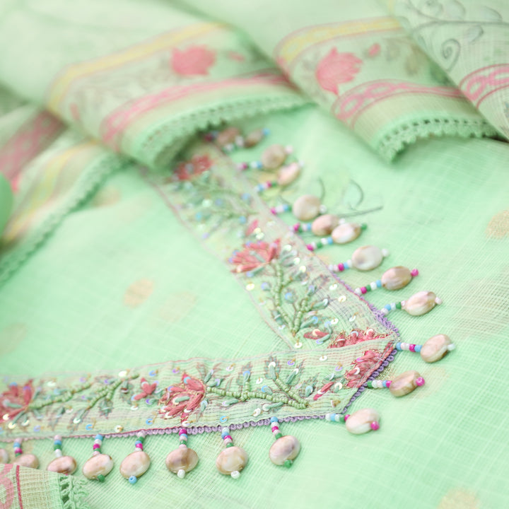 Sahiba Neon Green V Neck with Shell and Moti Work Peacock Print Kota Doriya Set