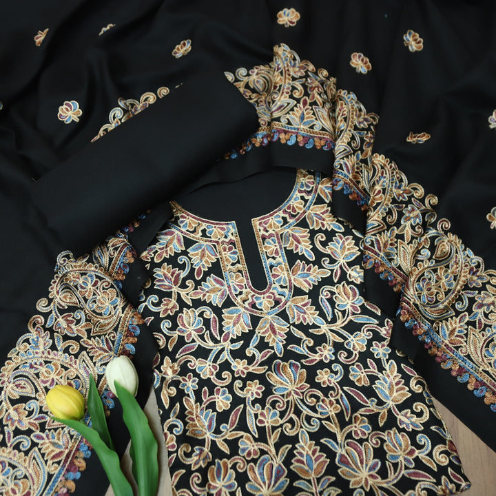 रूपवती Night Black Elegant Woven Kashida Embroidery Semi Pashmina Winter Set