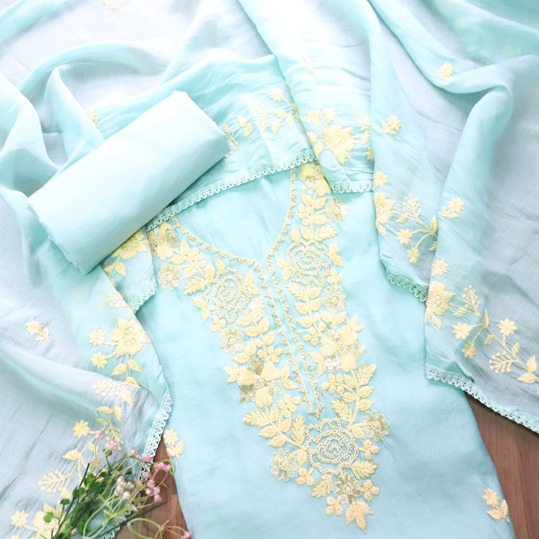 Mahima Iced Blue Thread Embroidered Mul Chanderi Set