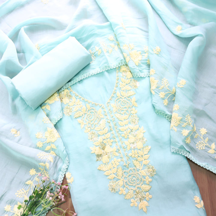 Mahima Iced Blue Thread Embroidered Mul Chanderi Set