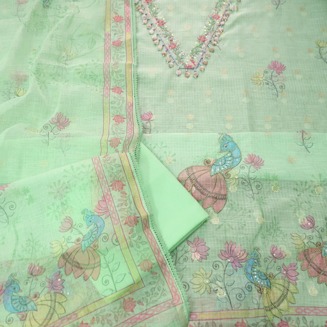 Sahiba Neon Green V Neck with Shell and Moti Work Peacock Print Kota Doriya Set