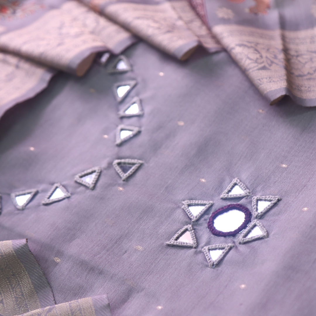 Duhaayi Slate Grey Thread with Mirror Work Neck Tissue Chanderi Suit Set