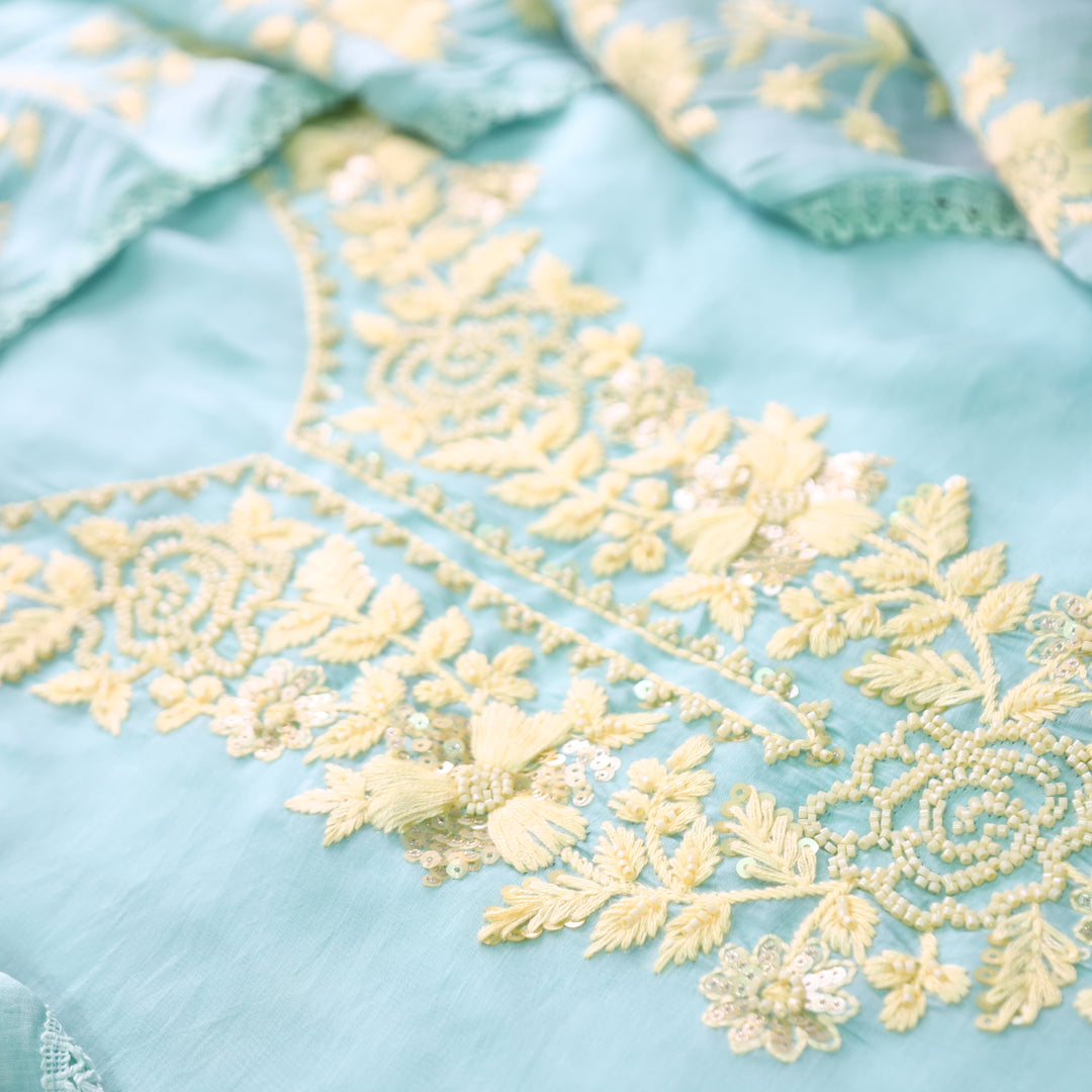 Mahima Iced Blue Thread Embroidered Mul Chanderi Set