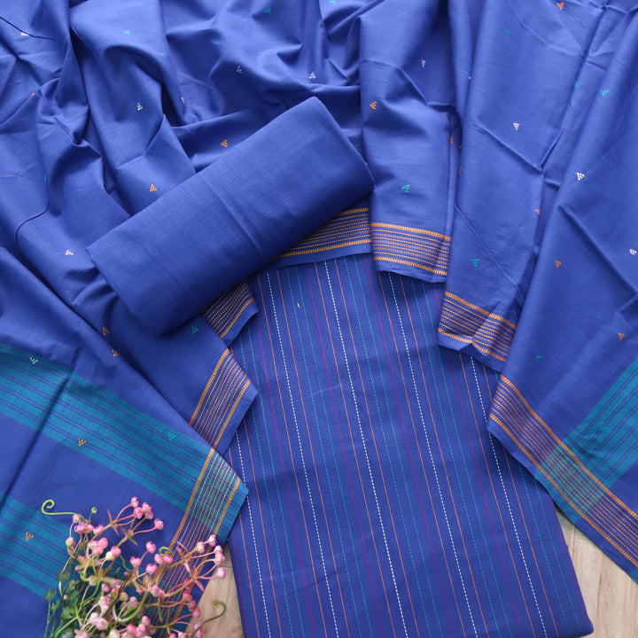 Madhubala Royal Blue All Over Running Stitch Handloom Cotton Suit Set