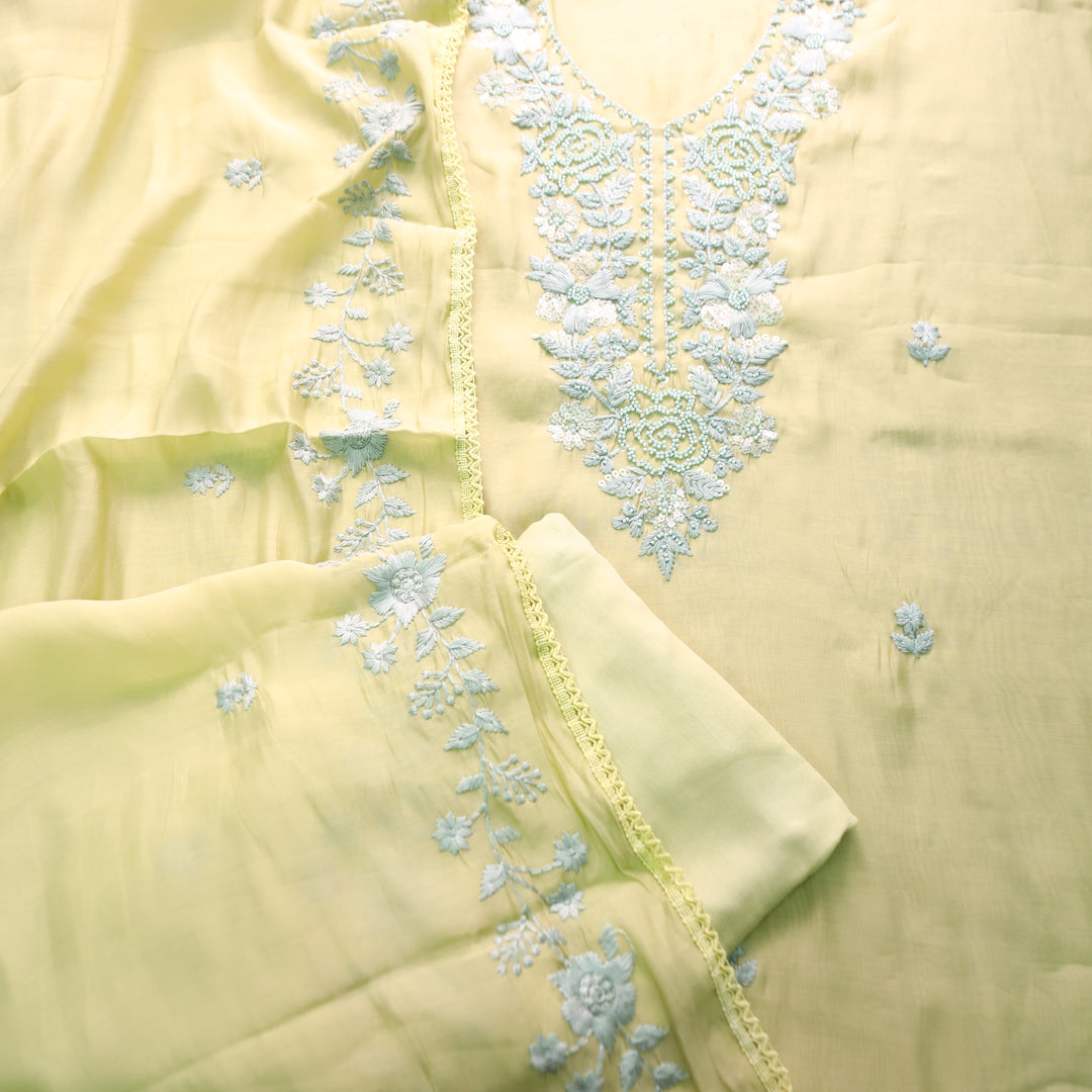 Mahima Butter Yellow Thread Embroidered Mul Chanderi Set