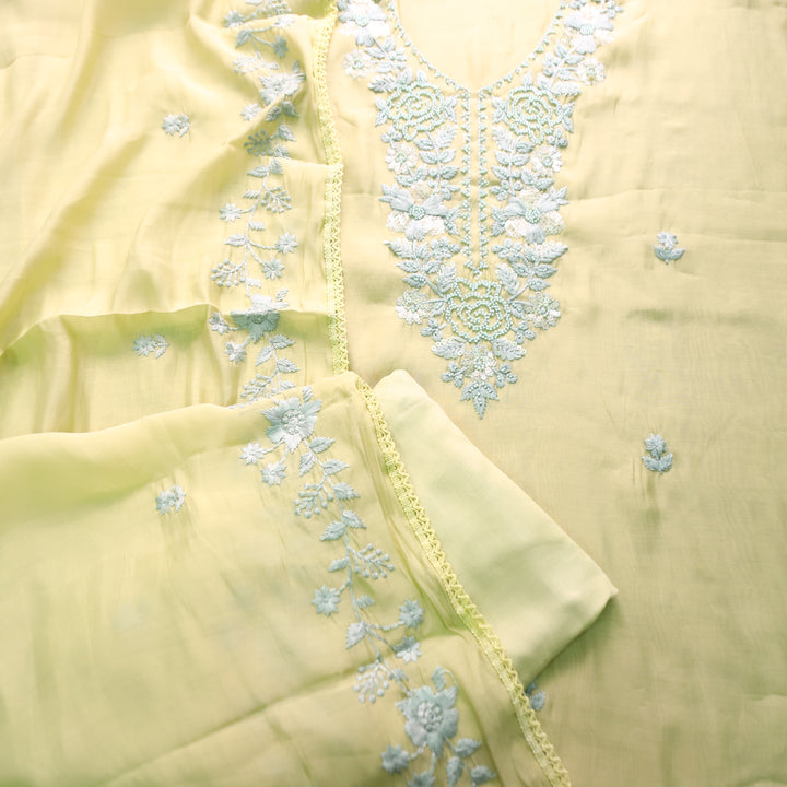 Mahima Butter Yellow Thread Embroidered Mul Chanderi Set