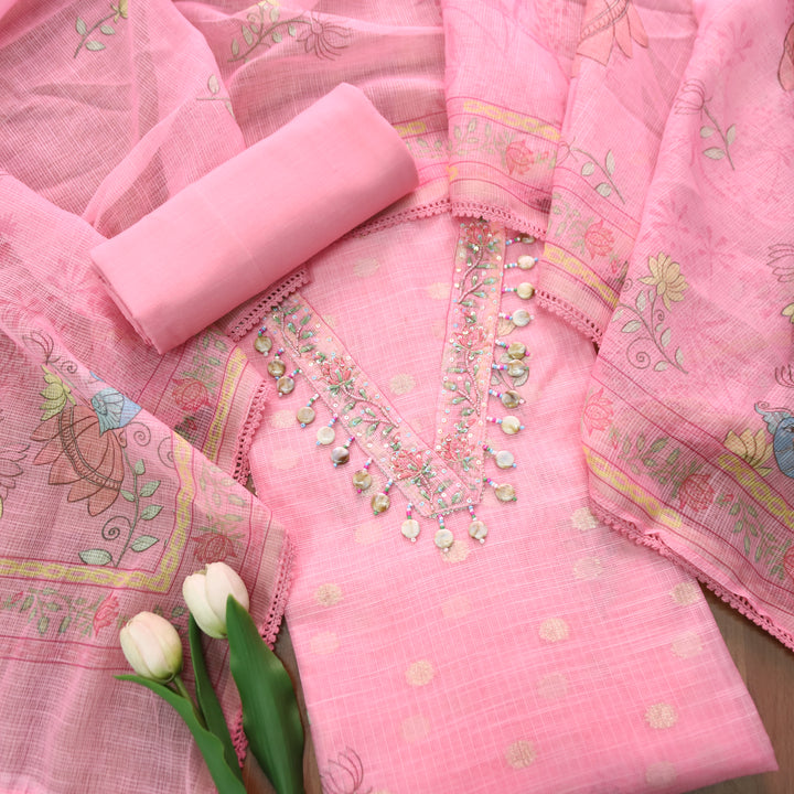Sahiba Flamingo Pink V Neck with Shell and Moti Work Peacock Print Kota Doriya Set