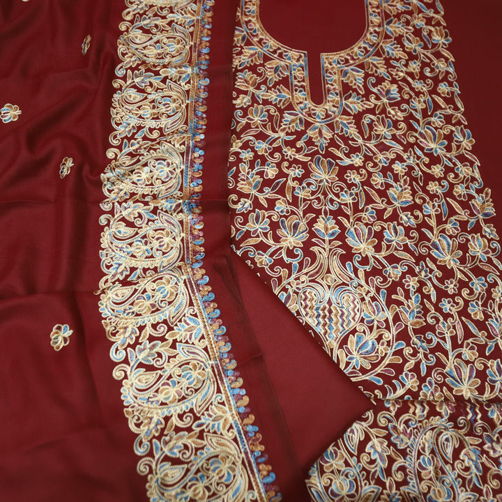 रूपवती Maroon Red Elegant Woven Kashida Embroidery Semi Pashmina Winter Set