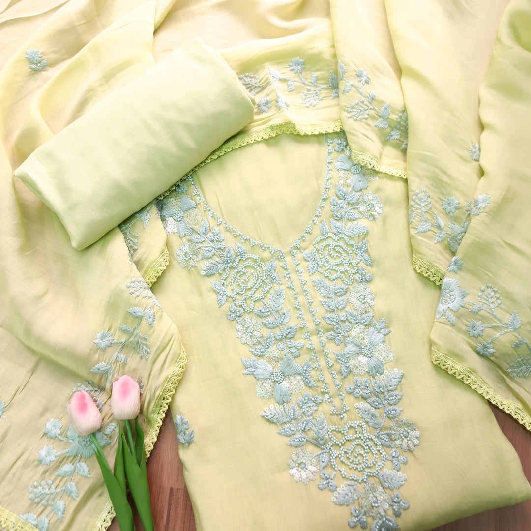 Mahima Butter Yellow Thread Embroidered Mul Chanderi Set