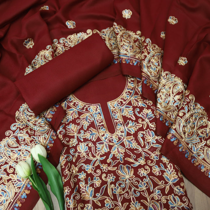रूपवती Maroon Red Elegant Woven Kashida Embroidery Semi Pashmina Winter Set
