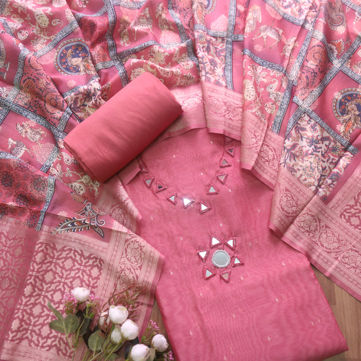 Duhaayi Mauve Pink Thread with Mirror Work Neck Tissue Chanderi Suit Set