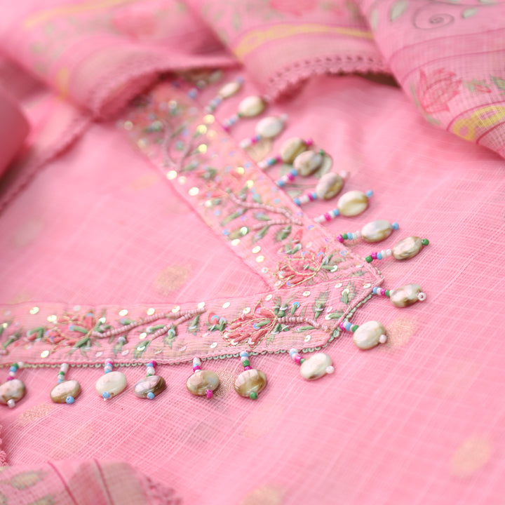 Sahiba Flamingo Pink V Neck with Shell and Moti Work Peacock Print Kota Doriya Set