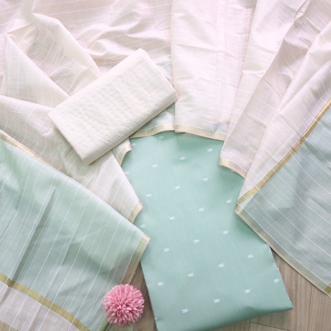 Kanya Cyan Blue All Over Thread Weaved Cotton Silk Suit Set