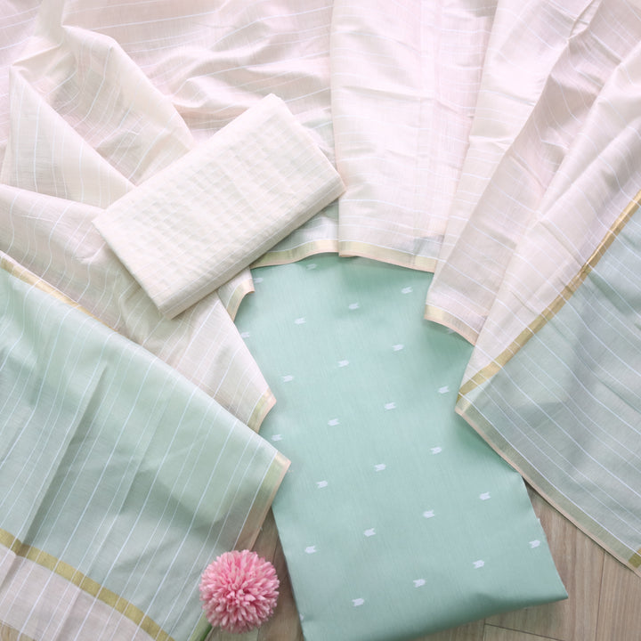 Kanya Cyan Blue All Over Thread Weaved Cotton Silk Suit Set