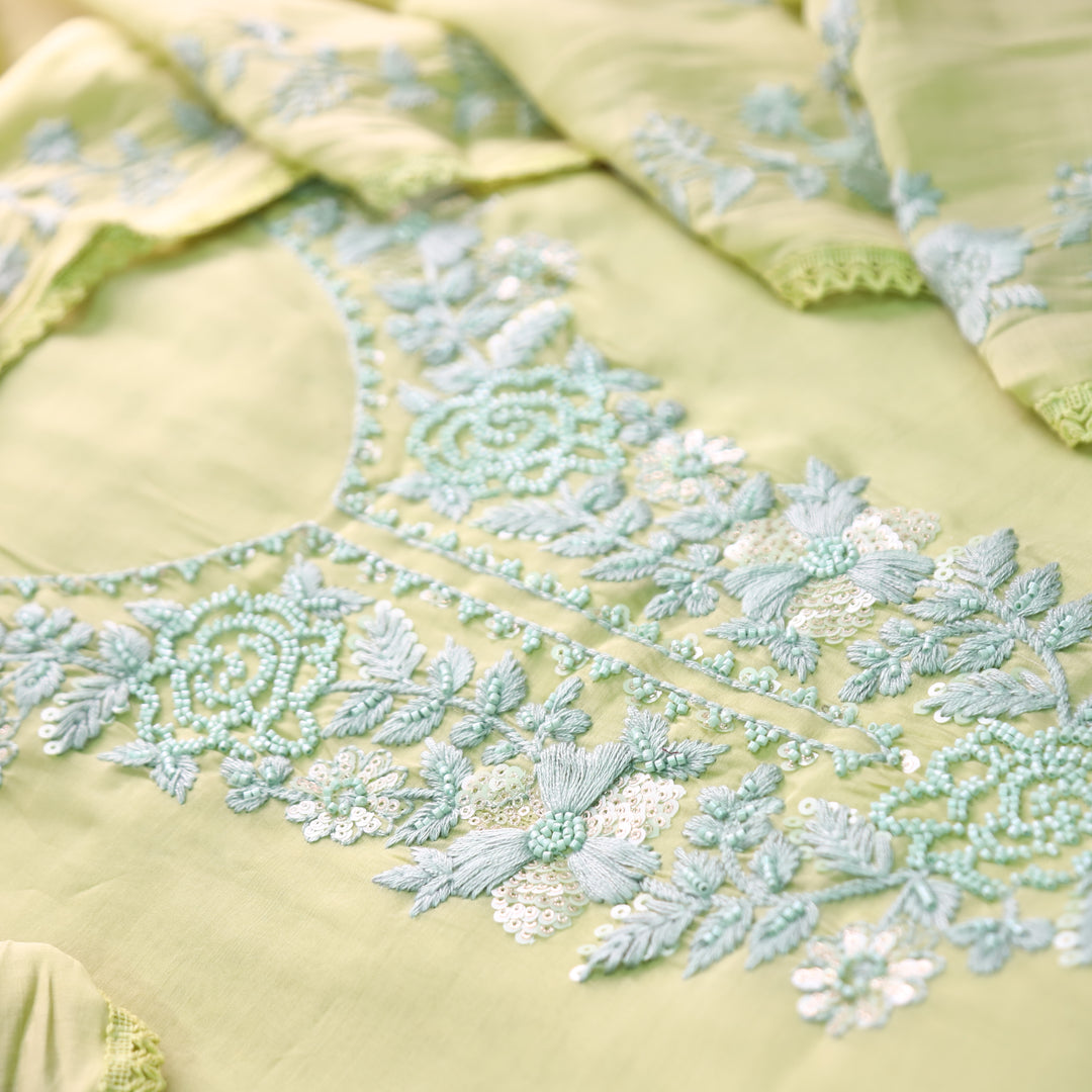 Mahima Butter Yellow Thread Embroidered Mul Chanderi Set