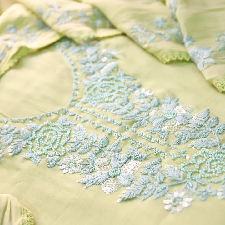 Mahima Butter Yellow Thread Embroidered Mul Chanderi Set