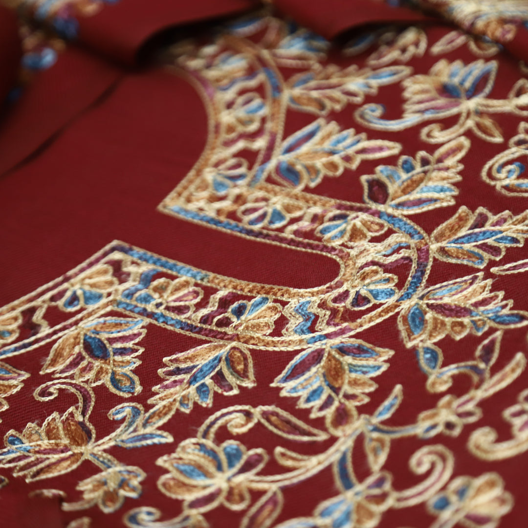 रूपवती Maroon Red Elegant Woven Kashida Embroidery Semi Pashmina Winter Set
