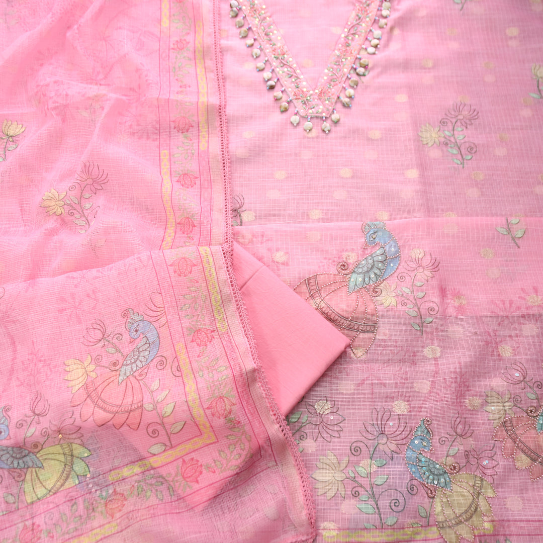 Sahiba Flamingo Pink V Neck with Shell and Moti Work Peacock Print Kota Doriya Set