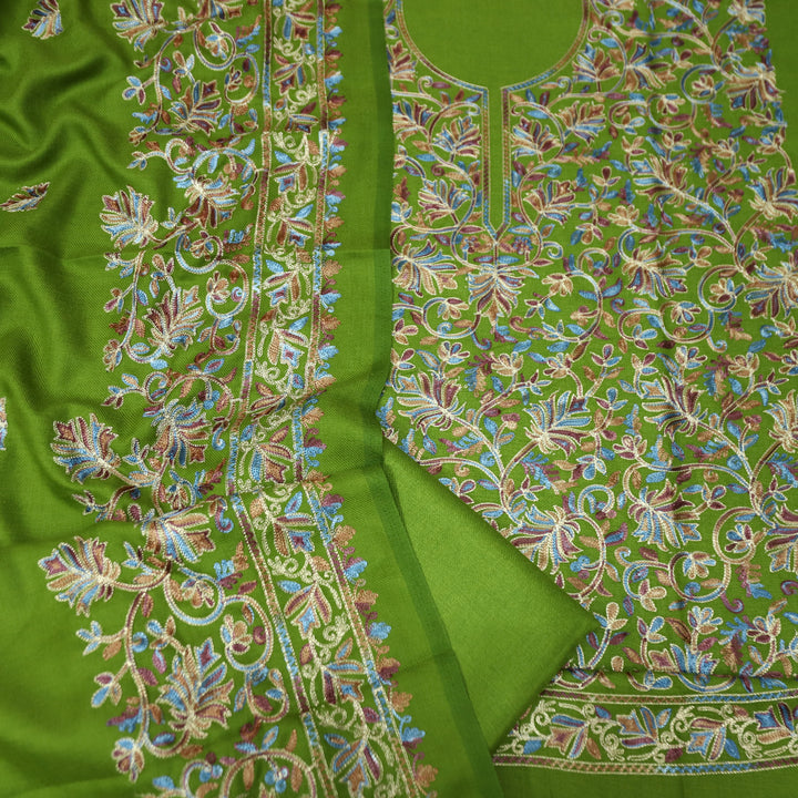 रूपवती Parrot Green Elegant Woven Kashida Embroidery Semi Pashmina Winter Set