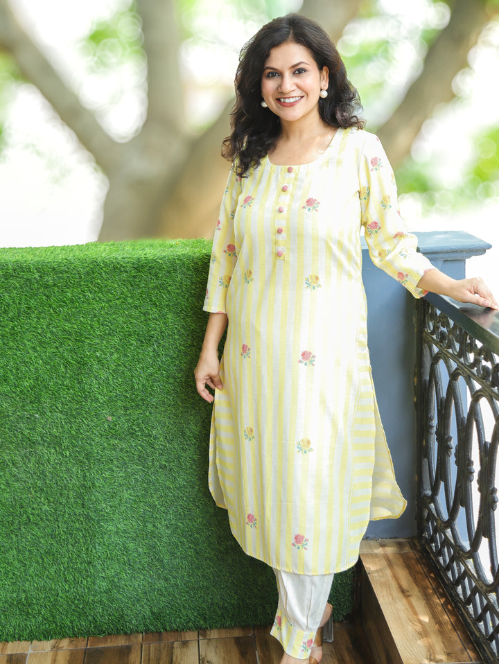 Meeravi Yellow White Stripe Print Cotton Linen Co-ord Set