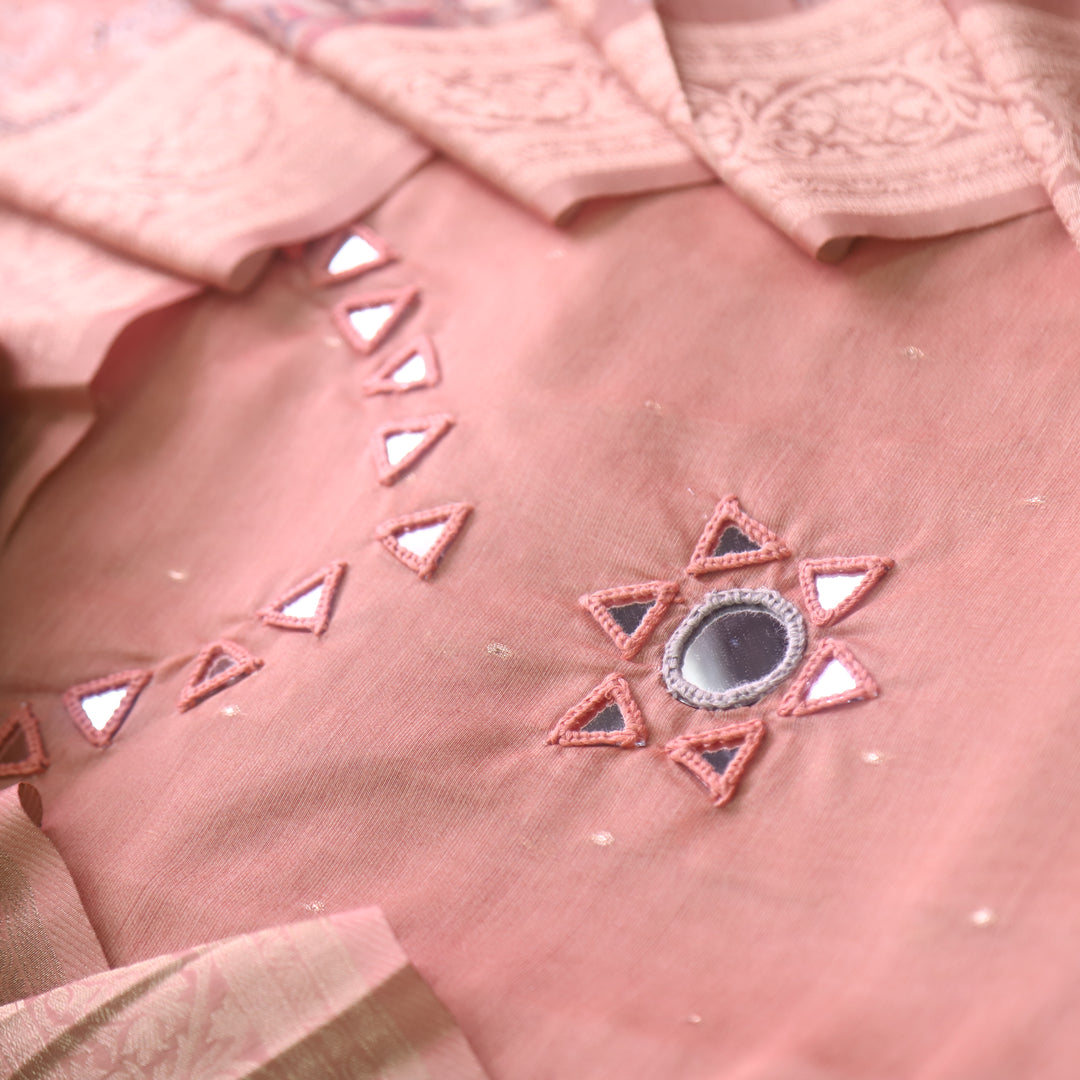 Duhaayi Soft Peach Thread with Mirror Work Neck Tissue Chanderi Suit Set
