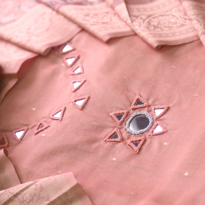 Duhaayi Soft Peach Thread with Mirror Work Neck Tissue Chanderi Suit Set