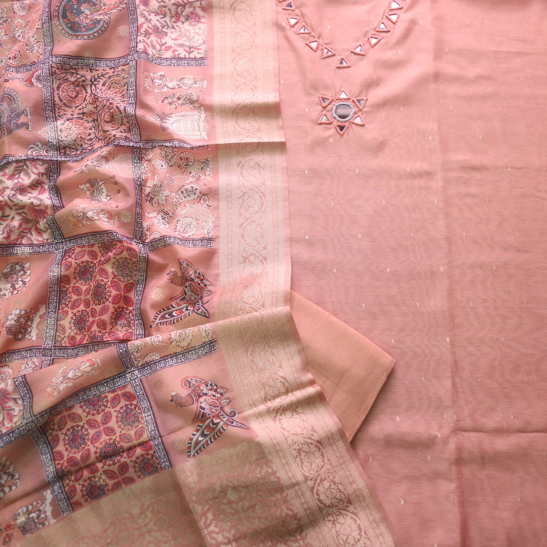 Duhaayi Soft Peach Thread with Mirror Work Neck Tissue Chanderi Suit Set