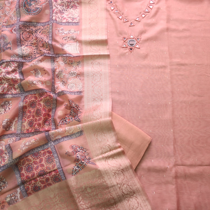 Duhaayi Soft Peach Thread with Mirror Work Neck Tissue Chanderi Suit Set