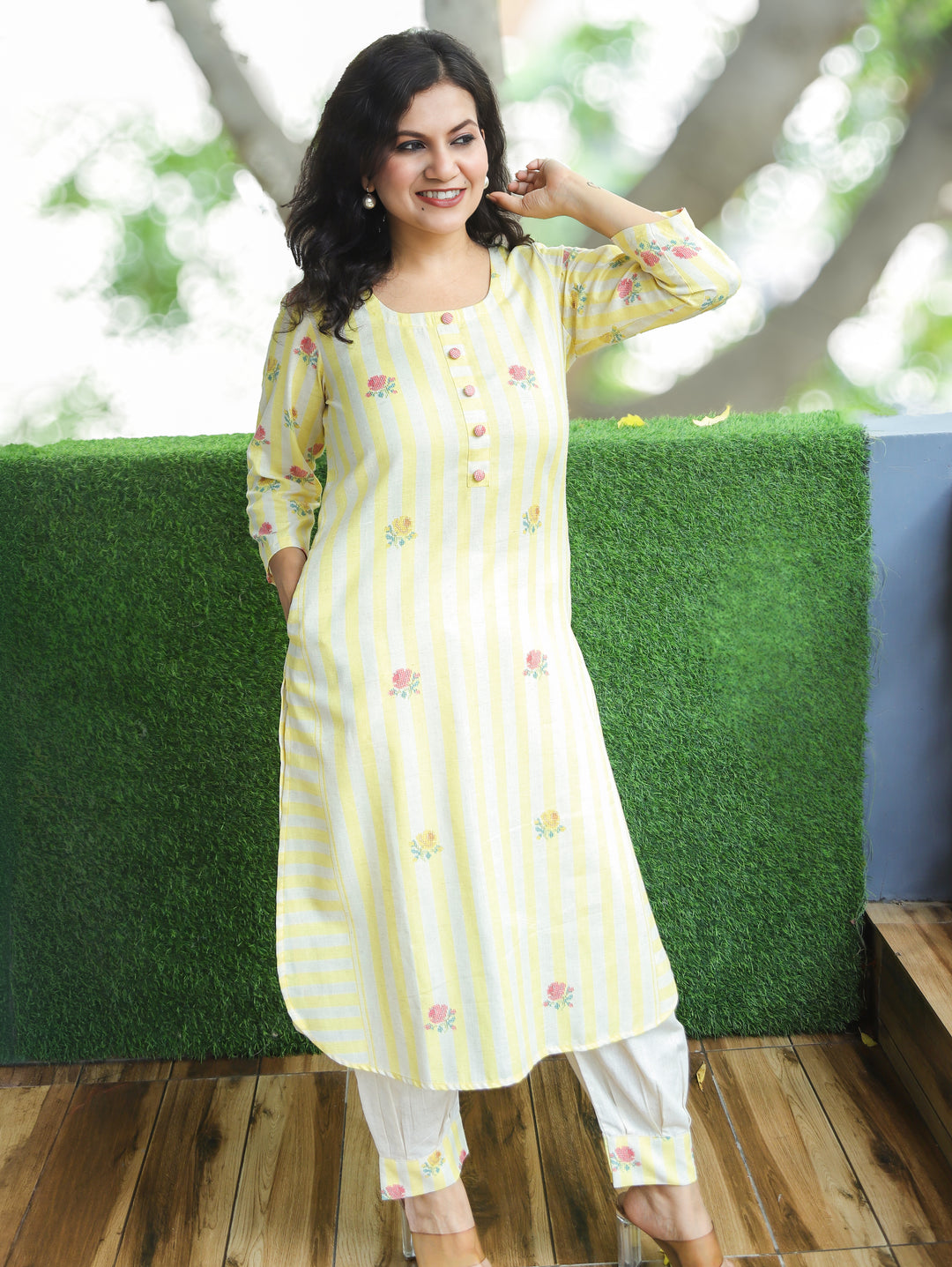 Meeravi Yellow White Stripe Print Cotton Linen Co-ord Set