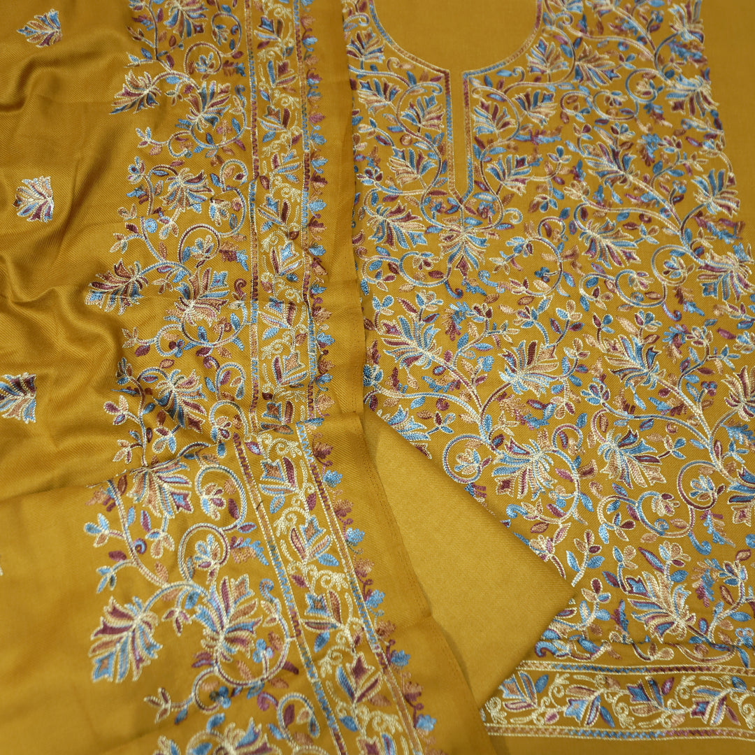 रूपवती Dijon Yellow Elegant Woven Kashida Embroidery Semi Pashmina Winter Set
