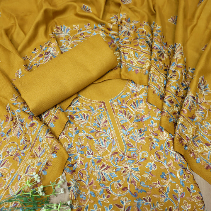 रूपवती Dijon Yellow Elegant Woven Kashida Embroidery Semi Pashmina Winter Set