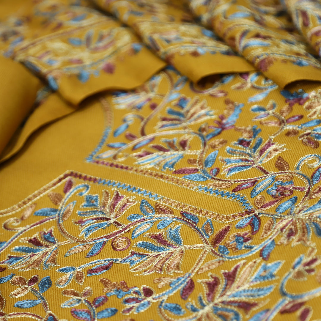 रूपवती Dijon Yellow Elegant Woven Kashida Embroidery Semi Pashmina Winter Set