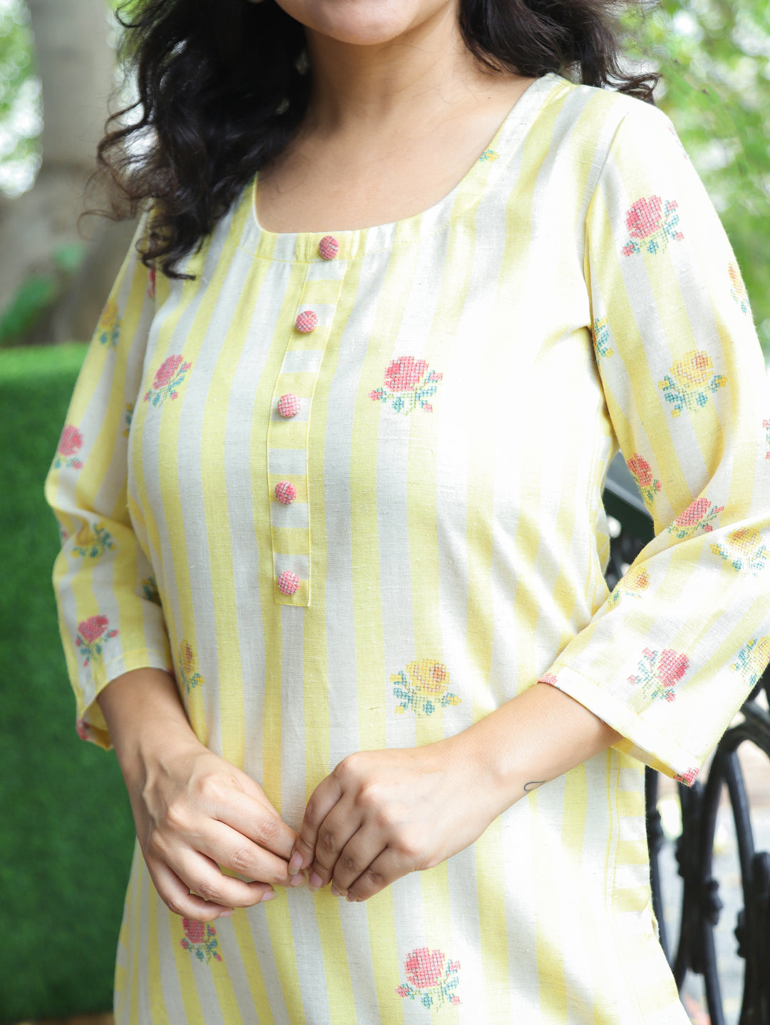 Meeravi Yellow White Stripe Print Cotton Linen Co-ord Set