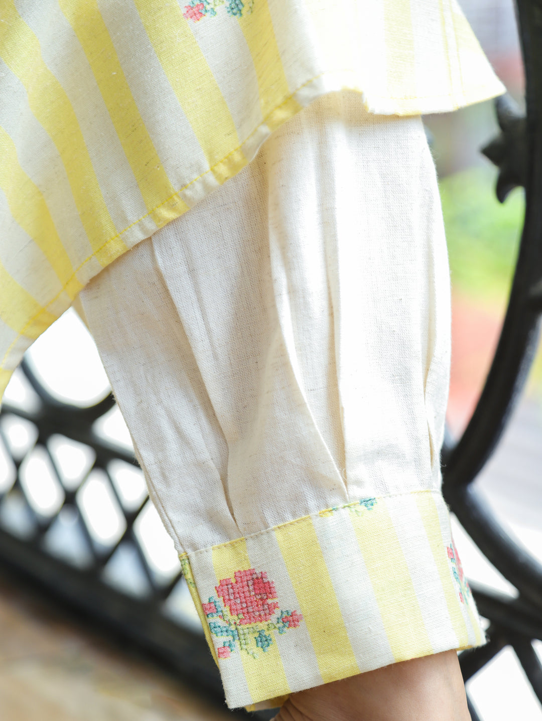 Meeravi Yellow White Stripe Print Cotton Linen Co-ord Set