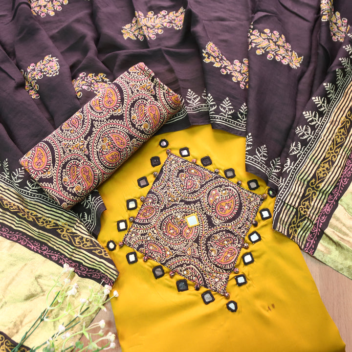 Nigahein Beetle Yellow Mirror Work Applique Kalamkari Print Patch Jam Cotton Set