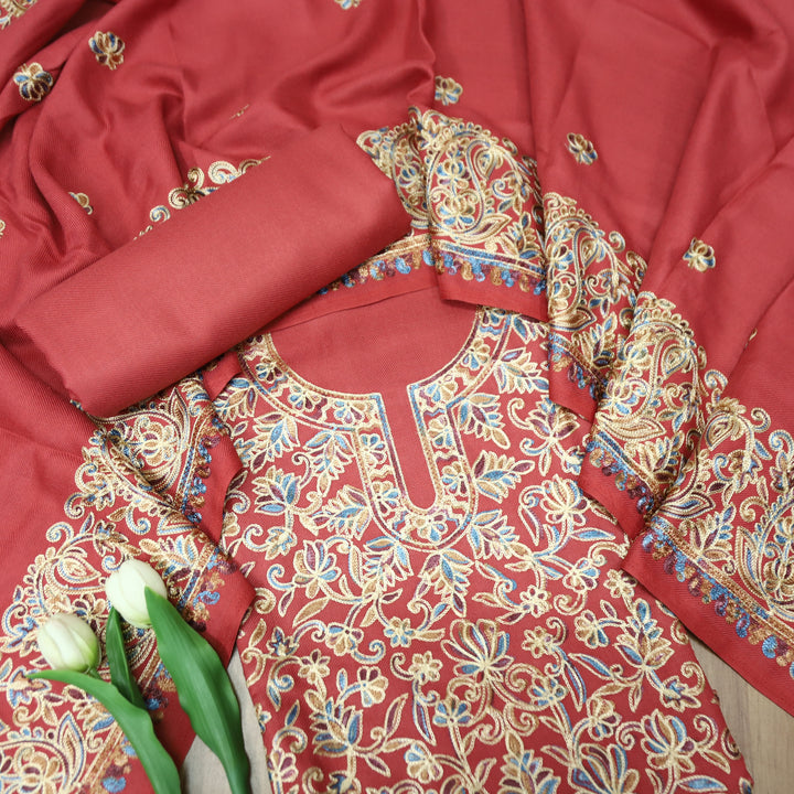 रूपवती Blush Mauve Elegant Woven Kashida Embroidery Semi Pashmina Winter Set