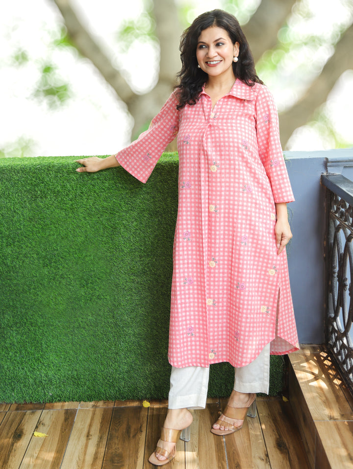 Amisha Candy Pink Gingham Print Cotton Linen Kurti