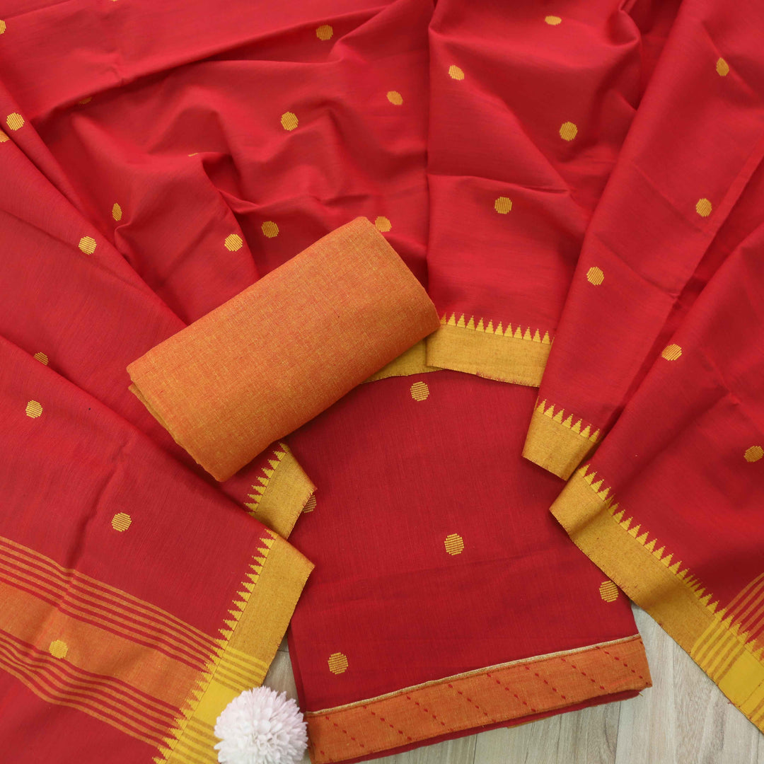 Madhubala Cherry Red Thread Weaved Handloom Cotton Suit Set
