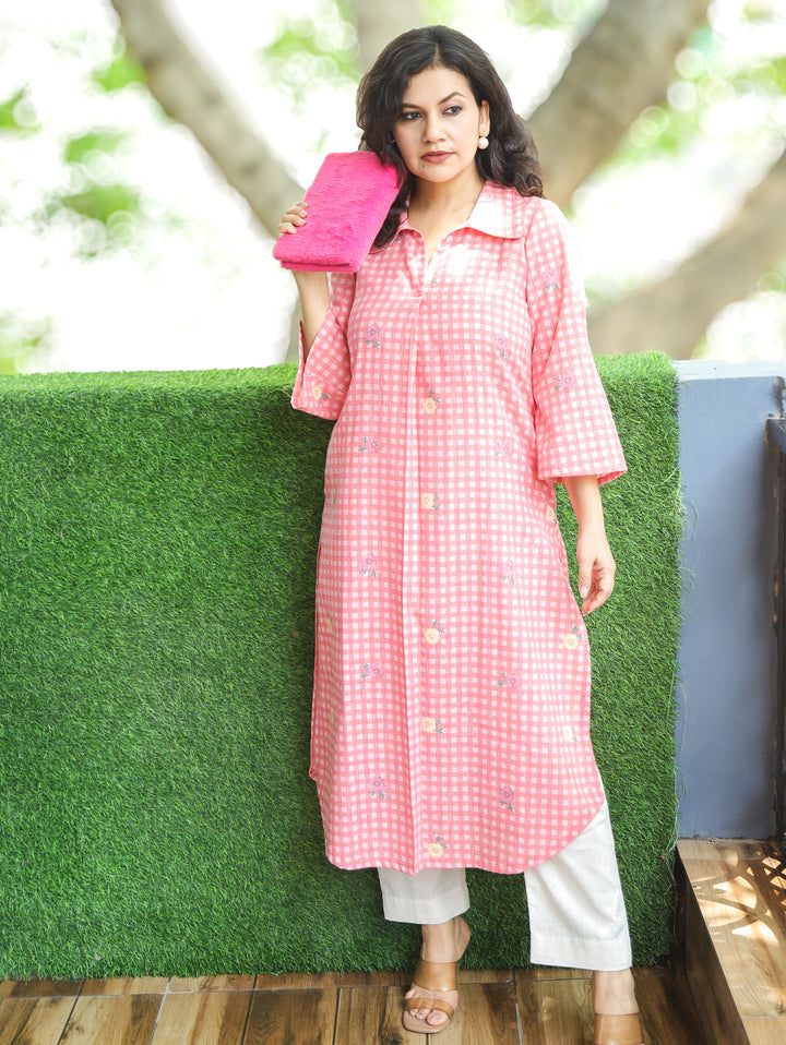 Amisha Candy Pink Gingham Print Cotton Linen Kurti