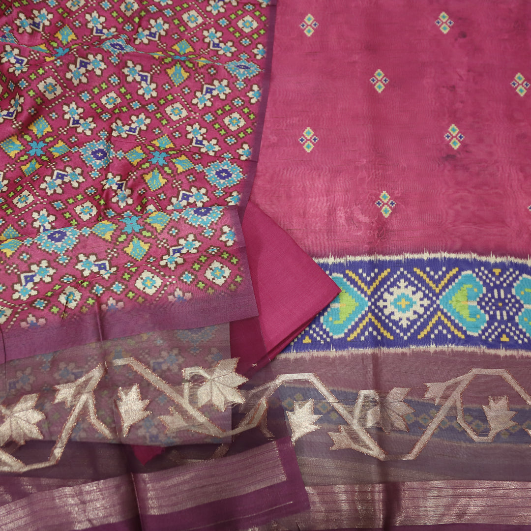 Kokila Magenta Pink Ikkat Print with Zari Detailing Korean Tussar Chanderi Set