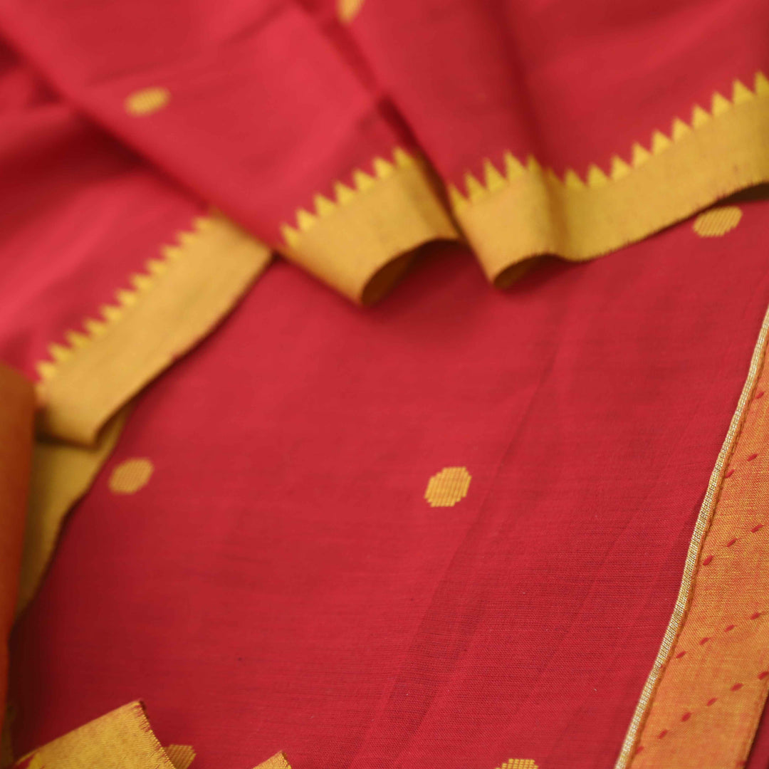 Madhubala Cherry Red Thread Weaved Handloom Cotton Suit Set