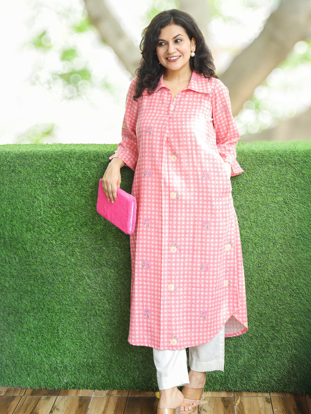 Amisha Candy Pink Gingham Print Cotton Linen Kurti