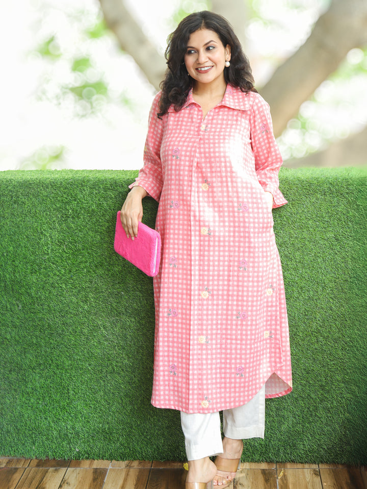Amisha Candy Pink Gingham Print Cotton Linen Kurti
