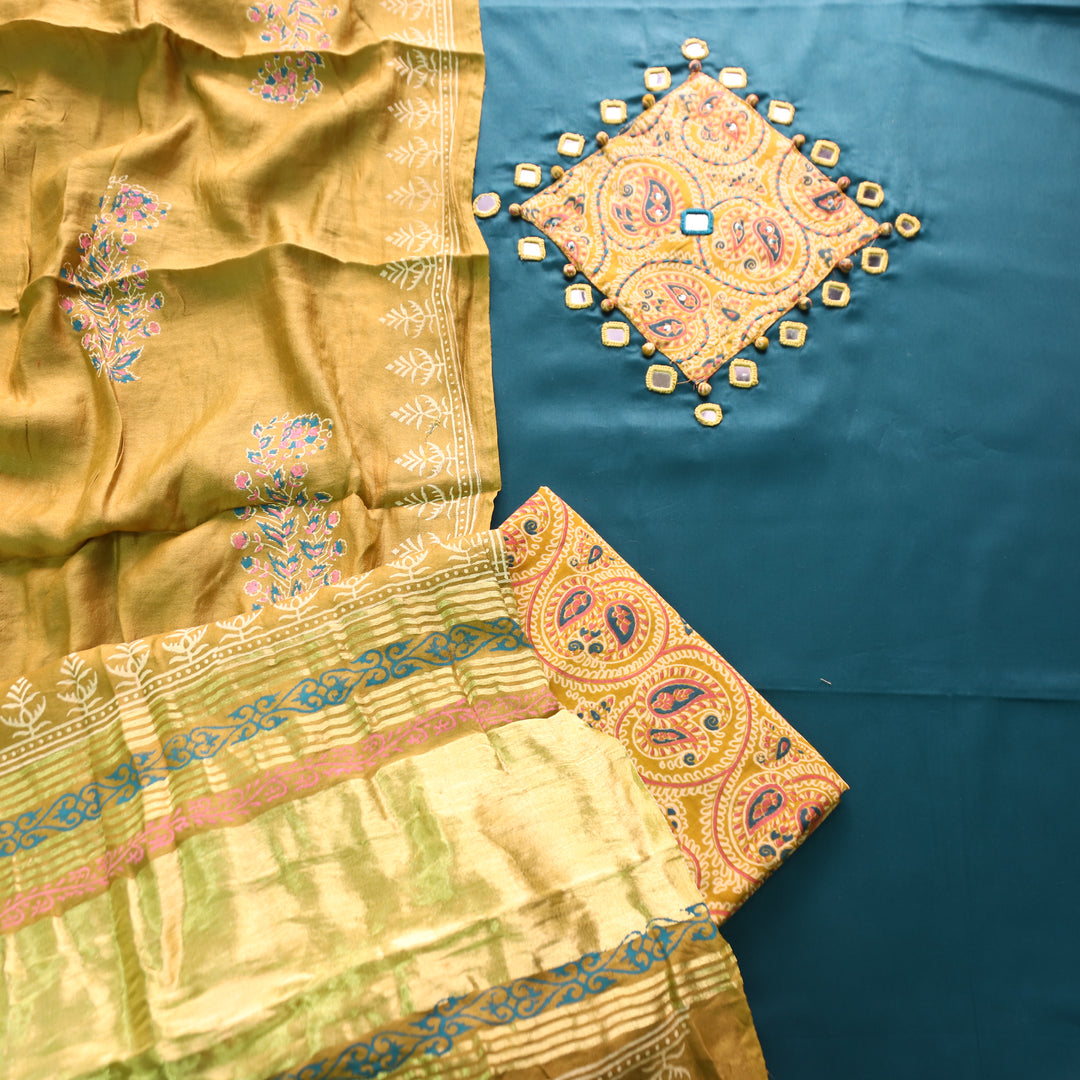 Nigahein Cerulean Teal Mirror Work Applique Kalamkari Print Patch Jam Cotton Set