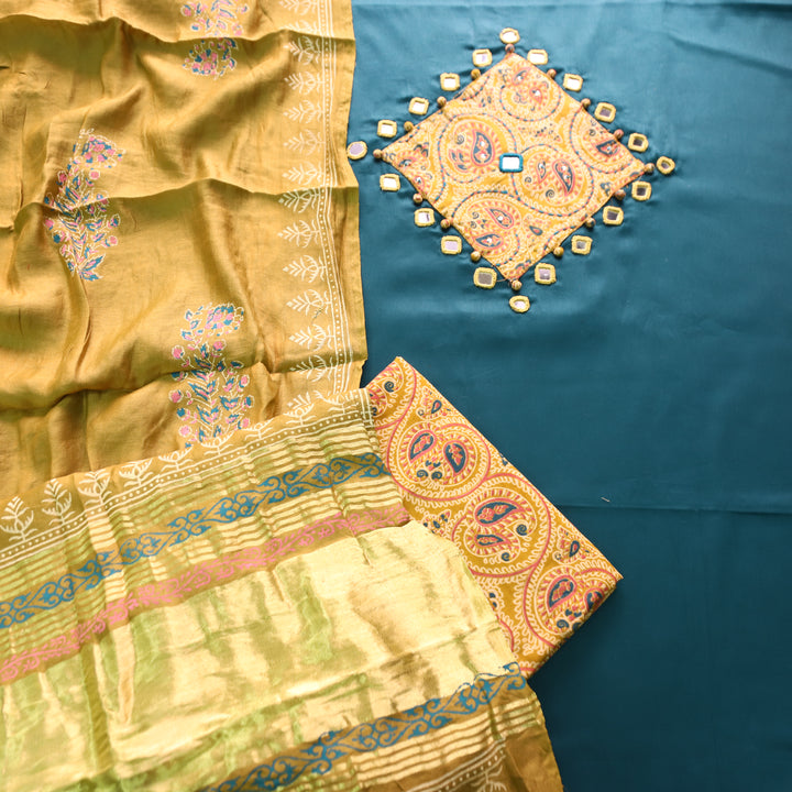 Nigahein Cerulean Teal Mirror Work Applique Kalamkari Print Patch Jam Cotton Set